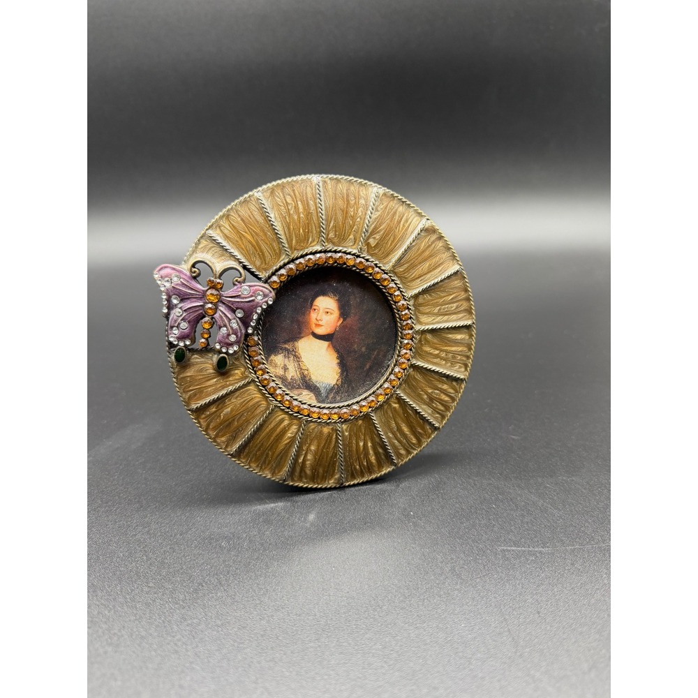 Vintage Enamel Butterfly Round Picture Frame Rhinestone Sunburst Gold Tone 4.5"